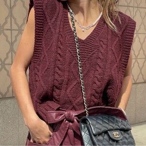 Girl Crush Gang Cable Knit Sleeveless V-Neck Sweater Vest Burgundy/RedWine Small